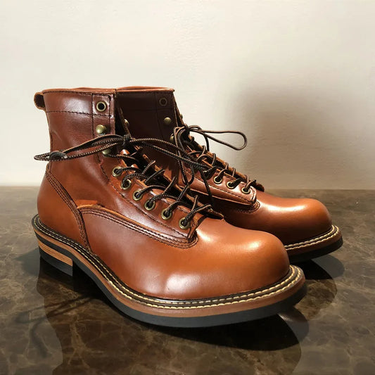 Handmade Vintage British Lace-Up New Genuine Leather Platform Men Wings Ankle Boots Dress Work Casual Wine Red Motorcycle Boots