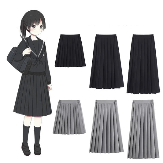 Elastic Waist Japanese Student Girls School Uniform Solid Color JK Suit Pleated Skirt Short/Middle/Long High School Dress