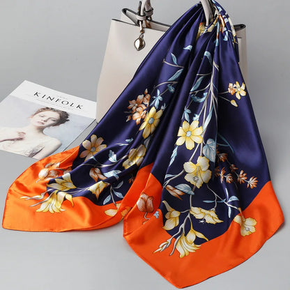 Wholesale Fashion Floral Print Kerchief Silk Satin Shawls and Wraps Hijab Scarfs Female 90cm*90cm Square Bag Scarves For Ladies