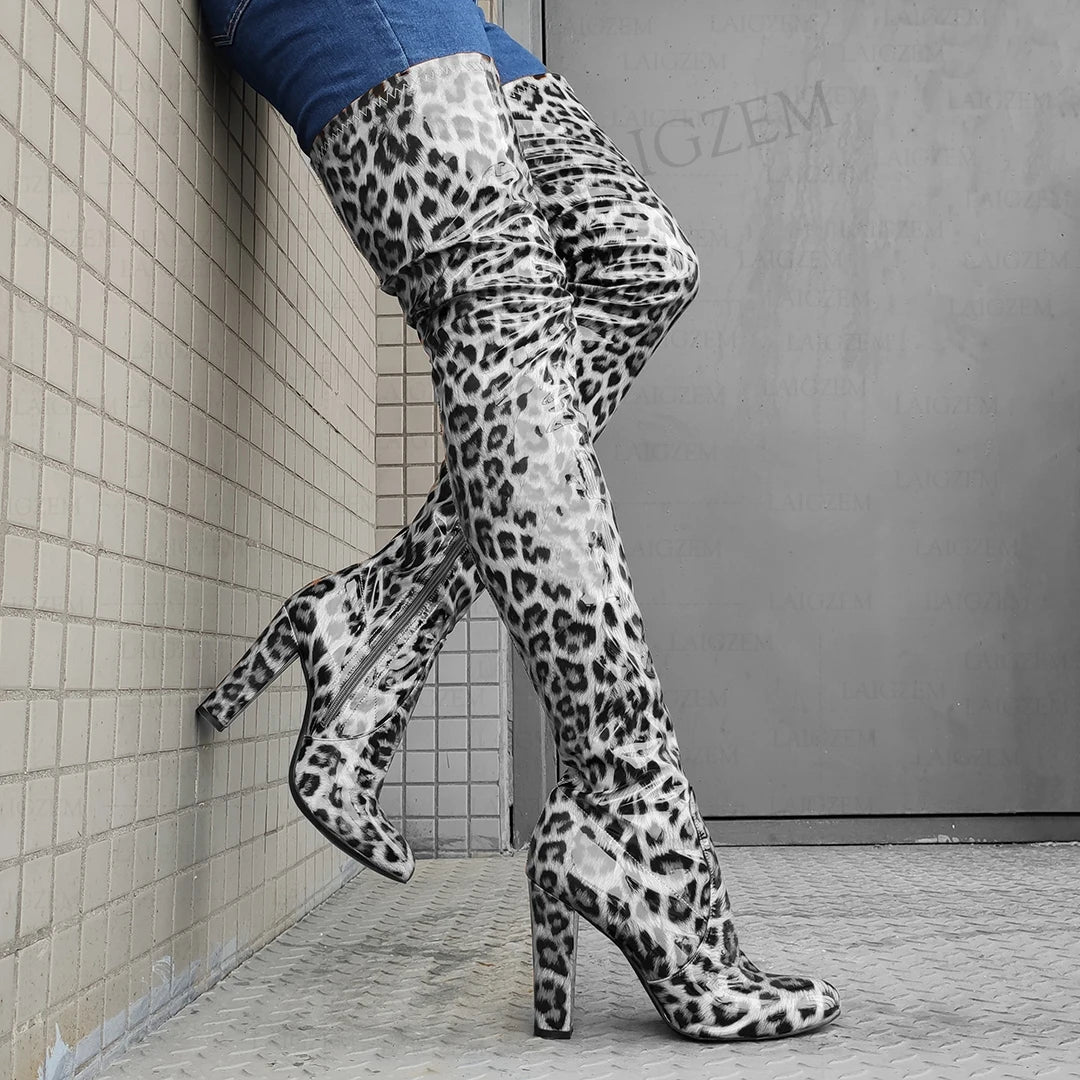 LAIGZEM Women Over High Boots Zip Up Shiny Thick Heels Boots High Bota Mujer Party Ladies Shoes Woman Big Size 40 42 44 47 52