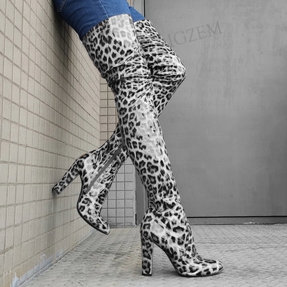 LAIGZEM Women Over High Boots Zip Up Shiny Thick Heels Boots High Bota Mujer Party Ladies Shoes Woman Big Size 40 42 44 47 52