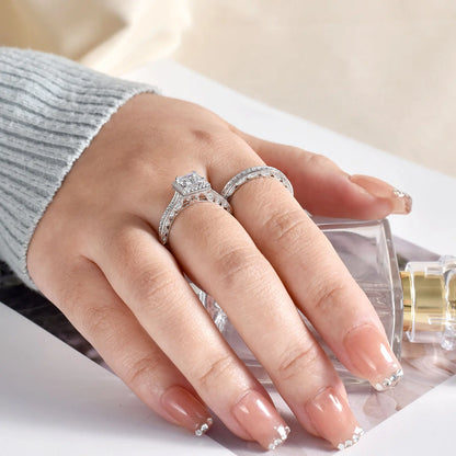 Newshe 2Pcs Genuine 925 Sterling Silver Moissanite /AAAAA Zircons Wedding Ring Set Halo Princess Cut Engagement Rings for Women