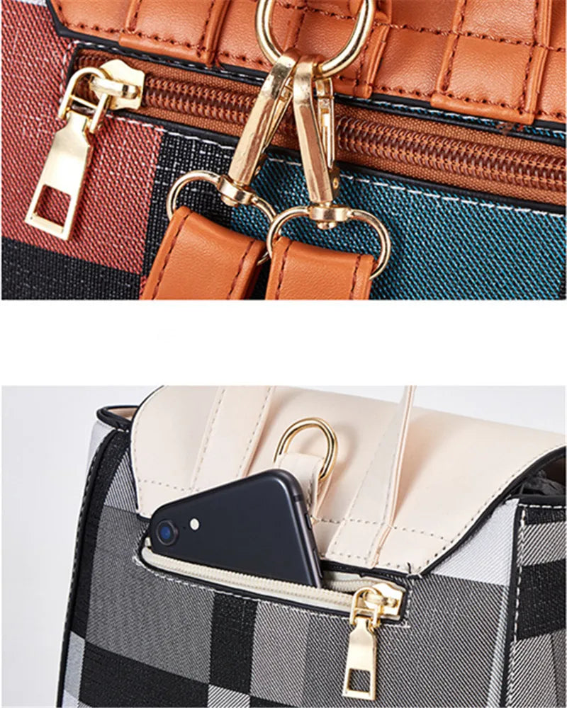 4 Pcs Set Ladies HandBags Large Capacity Handbags Plaid Color Backpack For Female PU Leather Fashion Tote Shoulder Crossbody Bag