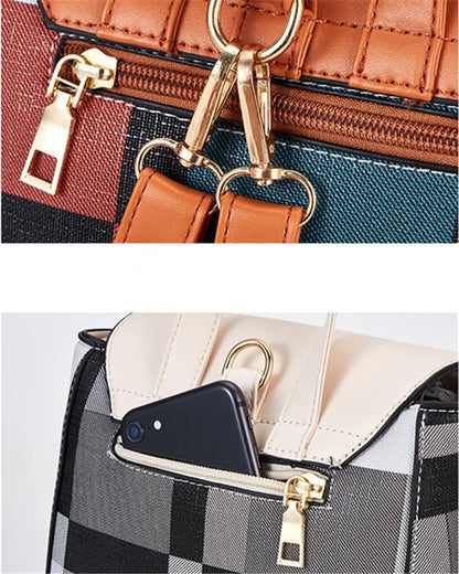 4 Pcs Set Ladies HandBags Large Capacity Handbags Plaid Color Backpack For Female PU Leather Fashion Tote Shoulder Crossbody Bag