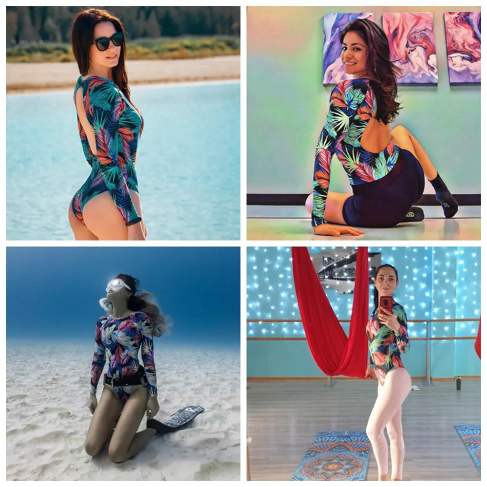 TYAKKVE Surf Swimwear Rash Guard Long Sleeve One Piece Swimsuit For Women Print High Neck Bodysuits Swim Suits Backless Monokini