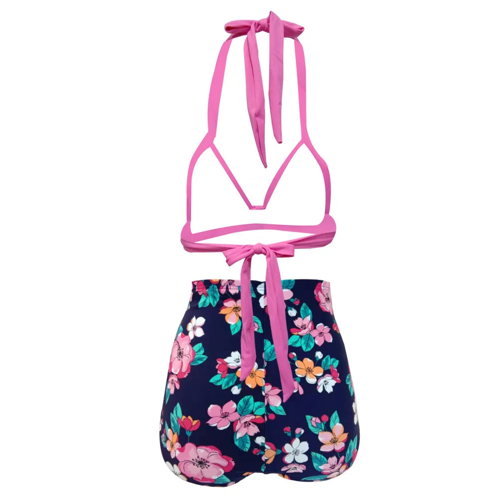 Pleated Bikini Red Top Navy Blue With White Dots Bottom Women Classic High Waist Halter Bikini Sets Plus Size Two-piece Swimwear