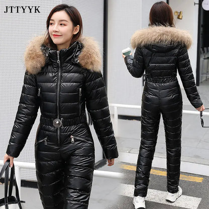 One Piece Ski Suit Women Jackets Winter Hooded Parka Jumpsuit Women Cotton Bodysuit Sashes Jumpsuits Zipper Overalls Tracksuits