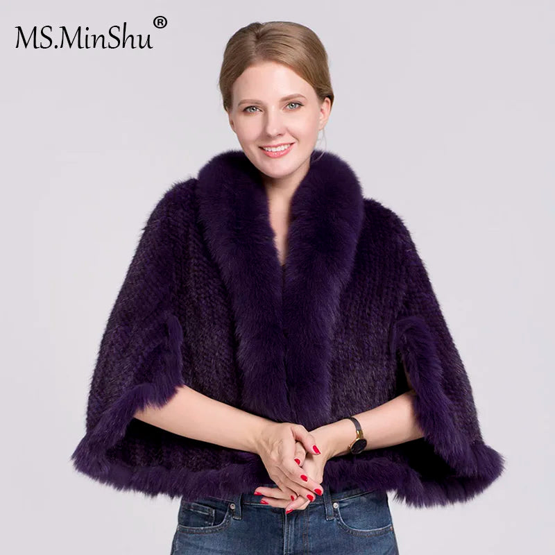 Ms.MinShu-Natural Mink Fur Poncho for Women, Trimmed Mink Fur Coat, Fox Fur Collar, Sleeveless, Woven Jacket, Outwear