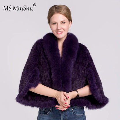 Ms.MinShu-Natural Mink Fur Poncho for Women, Trimmed Mink Fur Coat, Fox Fur Collar, Sleeveless, Woven Jacket, Outwear