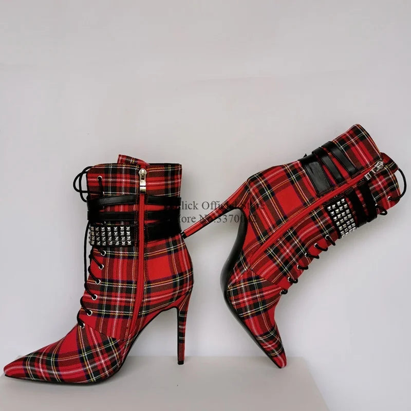 Red Plaid Cloth High Heel Ankle Boots Buckle Strap Studded Rivets Lace-up Short Bootie Pointed Toe Stiletto Heel Dress Shoes
