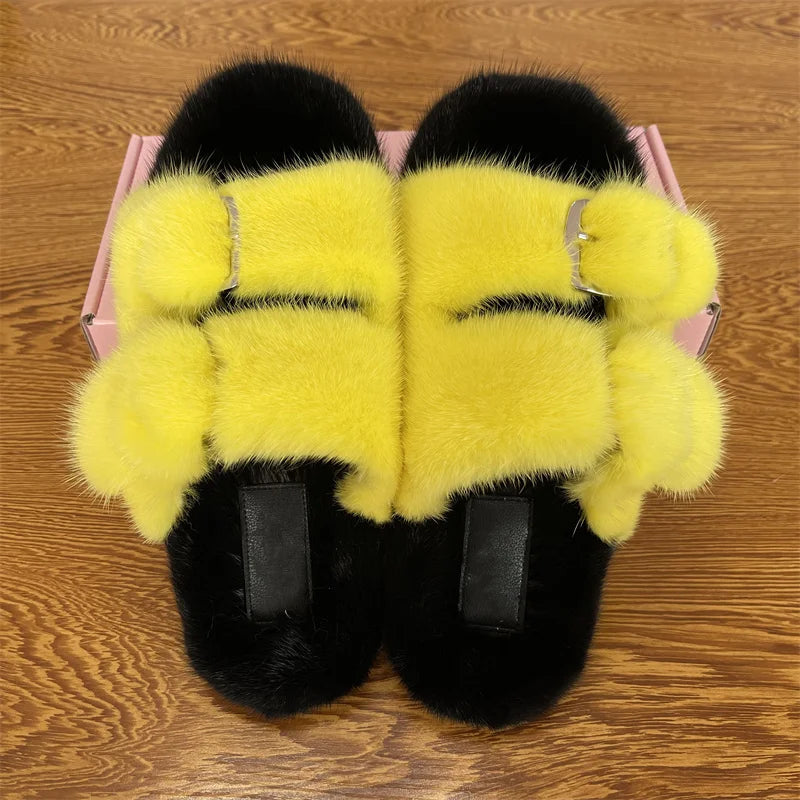 Luxury Designer Slipper Women 2025 Winter European Fashion Women's Shoes Ladies Slippers 100% Mink Slippers Shoes for Woman