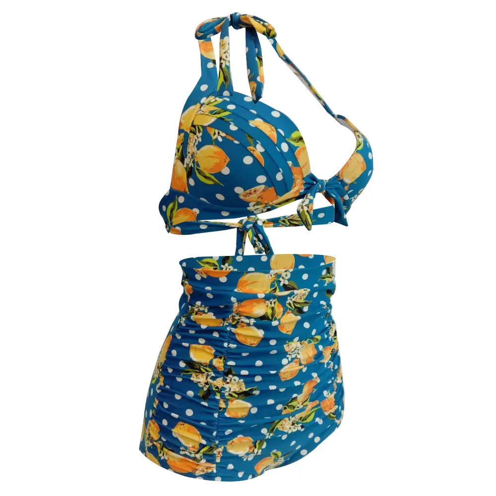 Pleated Bikini Red Top Navy Blue With White Dots Bottom Women Classic High Waist Halter Bikini Sets Plus Size Two-piece Swimwear