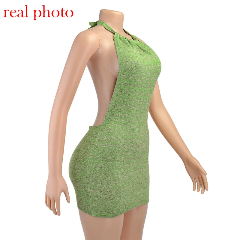 Cryptographic Halter Sexy Backless Mini Dresses Bodycon Skinny Club Party Sleeveless Knitted Dress Fall Streetwear Beach Holiday