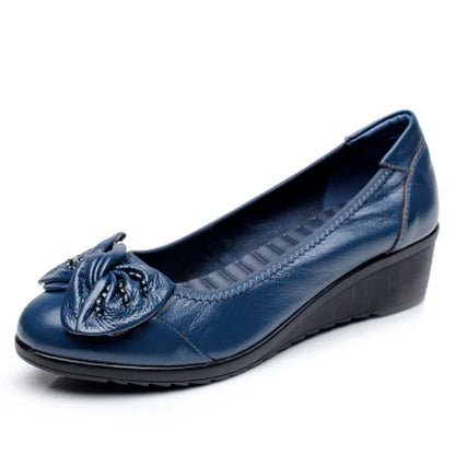 Women's Genuine Leather Pumps with Soft Butterfly Knot Wedge Low Heel Comfortable Round Toe Ladies Mother Loafers