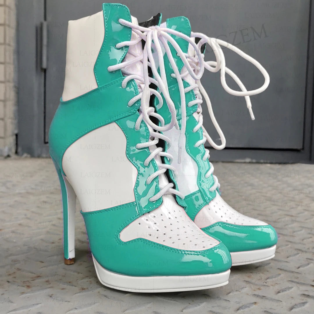 LAIGZEM Women Ankle Boots Round Toe Shiny Thin High Heels Comfortable Lace Up Short Boots Ladies Girls Big Size 41 45 46 47