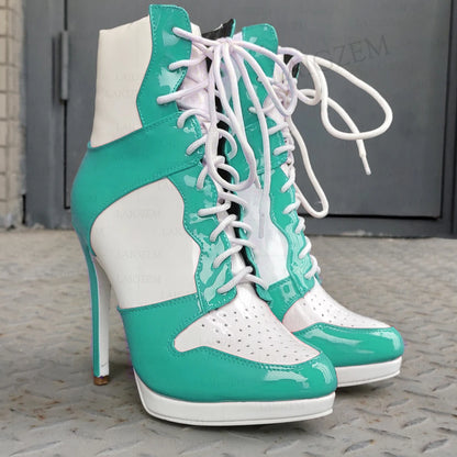 LAIGZEM Women Ankle Boots Round Toe Shiny Thin High Heels Comfortable Lace Up Short Boots Ladies Girls Big Size 41 45 46 47
