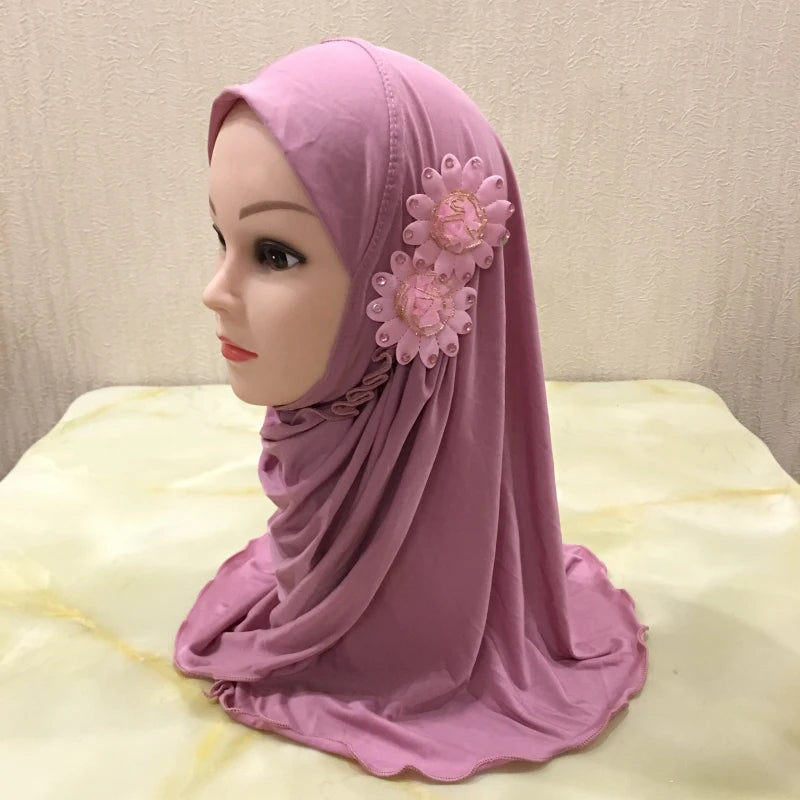 H081 beautiful small girl hijab with flowers cute hijab hats women's caps can fit 2-6 years old girls