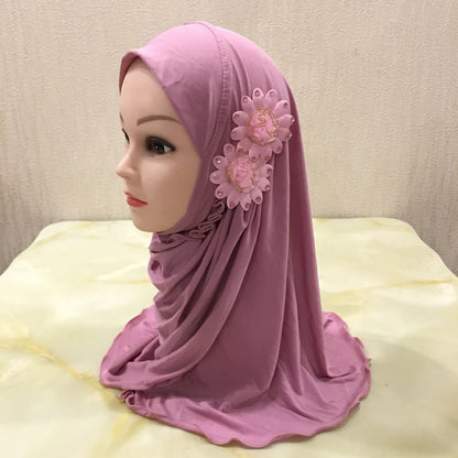 H081 beautiful small girl hijab with flowers cute hijab hats women's caps can fit 2-6 years old girls
