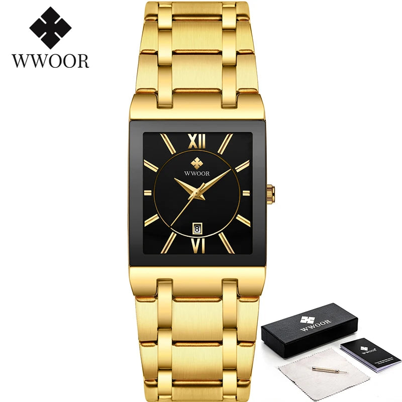 Relogio Masculino WWOOR Gold Watch Men Square Mens Watches Top Brand Luxury Golden Quartz Stainless Steel Waterproof Wrist Watch