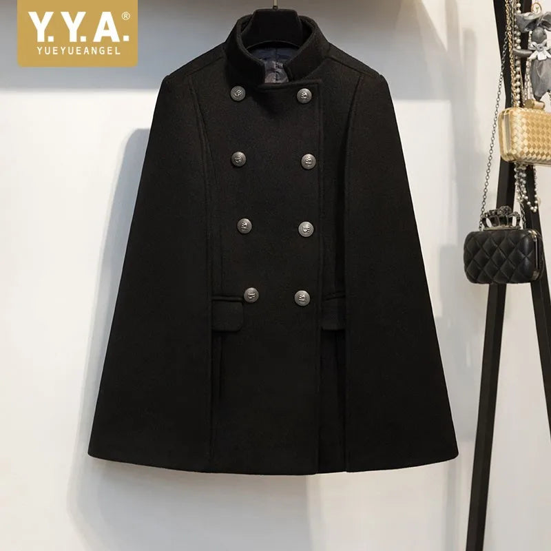 New Winter Women Double Breasted Cape Woolen Blends Elegant Ladies Coat Stand Collar Cloak Outwear Coats Vintage Overcoat