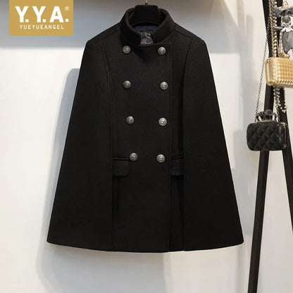 New Winter Women Double Breasted Cape Woolen Blends Elegant Ladies Coat Stand Collar Cloak Outwear Coats Vintage Overcoat