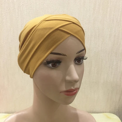 H117 Forehead criss Cross Muslim Turban Pure Color Stretch Inner Hijabs For Caps Ready To Wear Women Head Scarf Under Bonnet