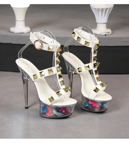 Women's Platform Sandals Rivet Pull Sandals Transparent High Heel 13CM Slim Heel Summer Waterproof Table LFD-1099-36