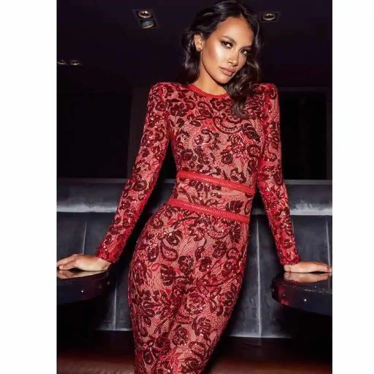 2021 Spring New Jumpsuits Hot Sale Sexy Lace Hollow Out Rompers Red Flame Pants Women's Fashion Club Street Wear