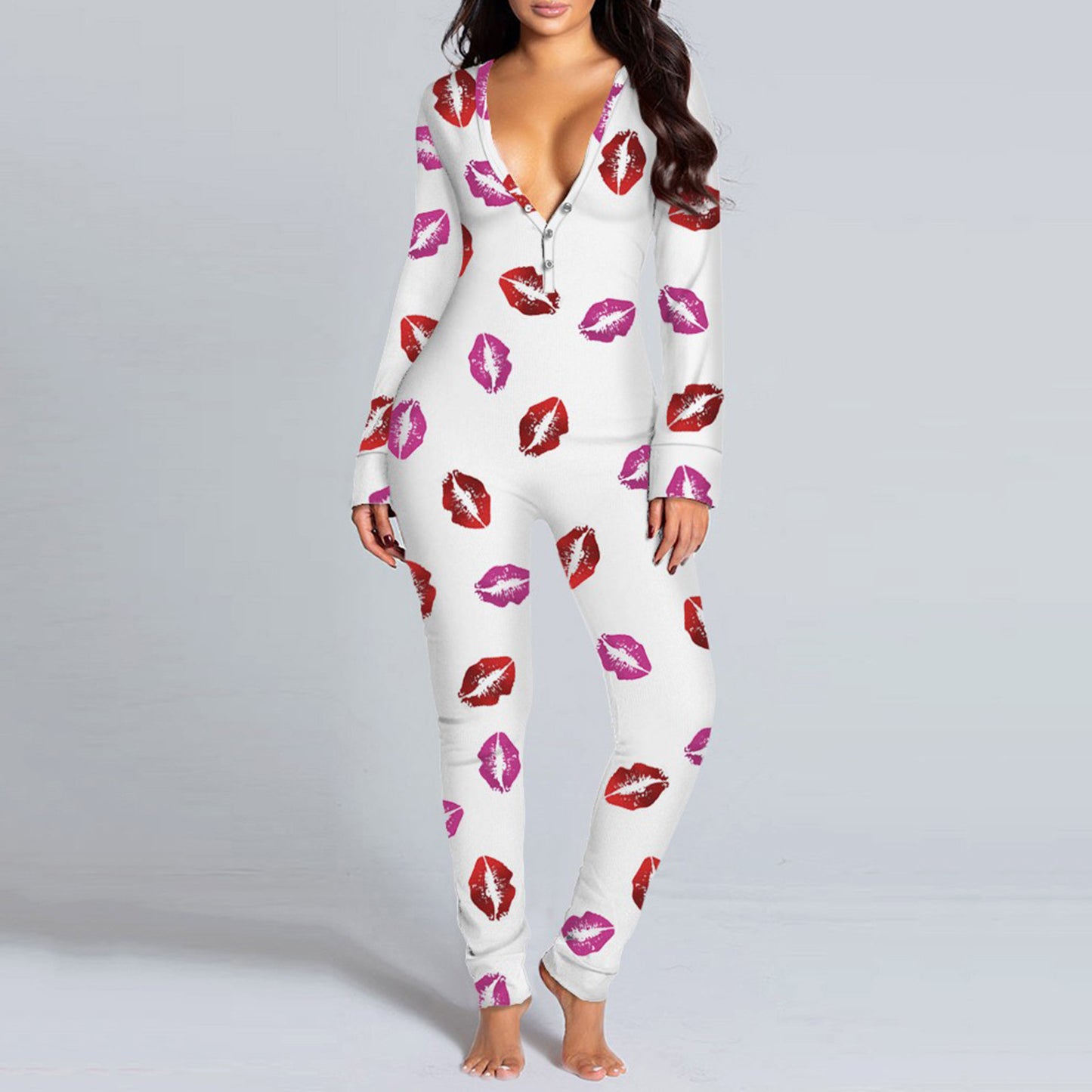 Sexy Women Pajamas Onesies Button-down Front Buttoned Flap Adults Pyjama Plaid Cow Print V-neck Long Sleeve Jumpsuit Sleepwear