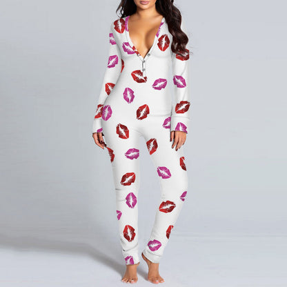 Sexy Women Pajamas Onesies Button-down Front Buttoned Flap Adults Pyjama Plaid Cow Print V-neck Long Sleeve Jumpsuit Sleepwear