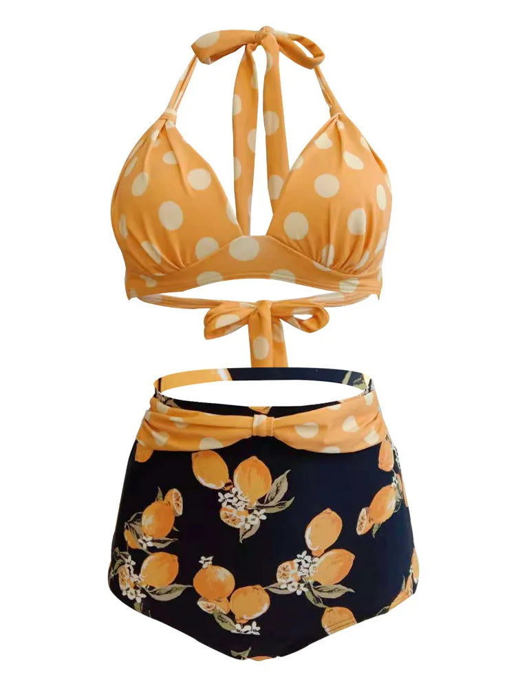 Pleated Bikini Red Top Navy Blue With White Dots Bottom Women Classic High Waist Halter Bikini Sets Plus Size Two-piece Swimwear