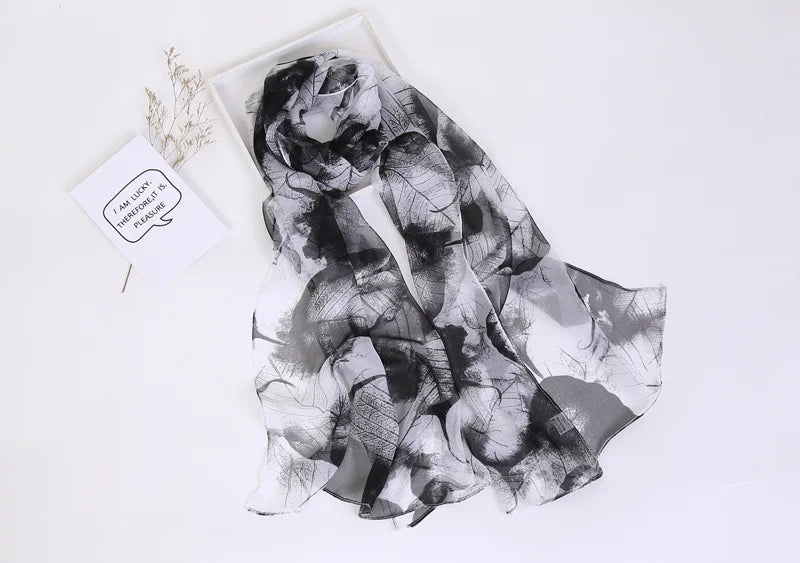 Women Foulard Chiffon Georgette Bandana Scarf Tree Leaf Print Long Shawl Summer Wrap Lady Elegant Thin breathable