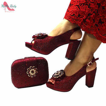 Buckle Strap Sandals Nigerian Women Shoes and Bag Set in Yellow Color with Shinning Crystal Italian Lady Shoes and Bag for Party