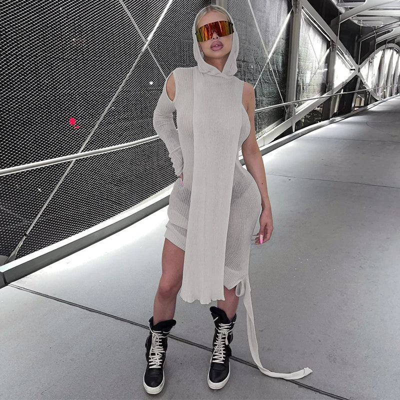 Fall Spring Clubwear Tight Dress One Sleeve Knit Asymmetric Midi Dresses Skinny Ribbed Hooded Streetwear Baddie Clothes