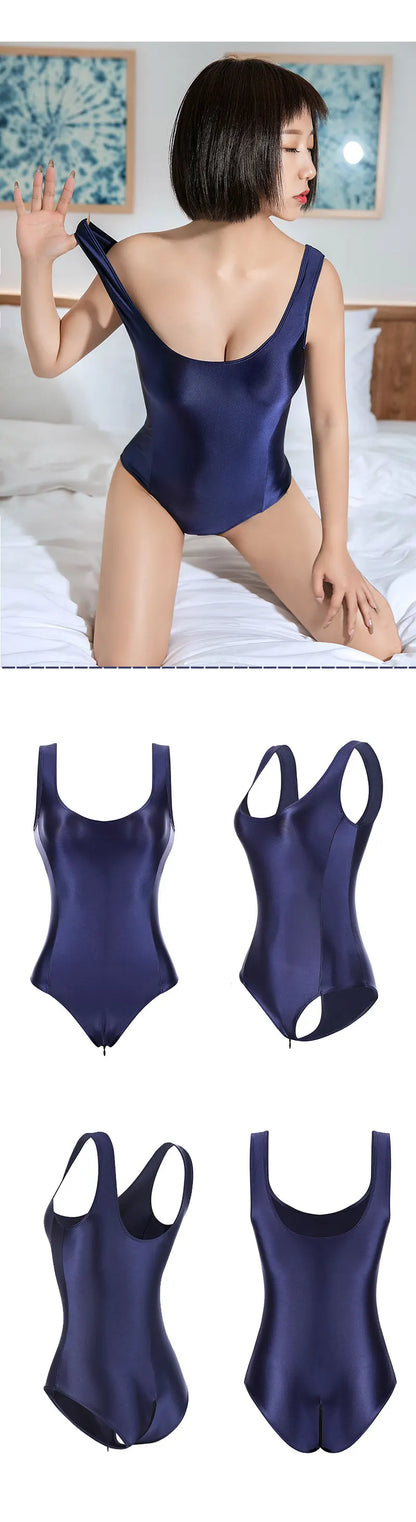 Sexy Women Zipper Open Crotch HIgh Cut Bodysuit One Piece Thong Sexy Maid Tights Oil Shiny Bodysuit Shaping Leotad
