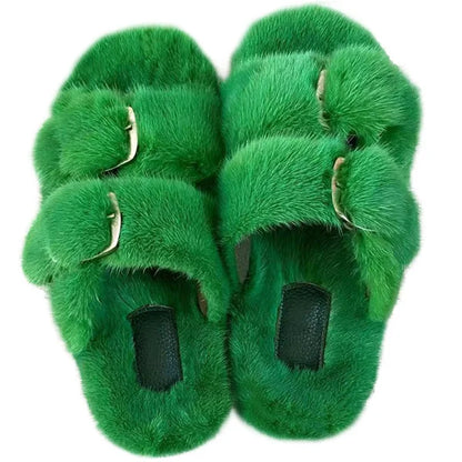 Slippers Ladies Summer Fluffy Mink Fur Slippers 100% Mink Fur Slippers Ladies Sandals 2021 Home Slippers Girls Outdoor Slippers