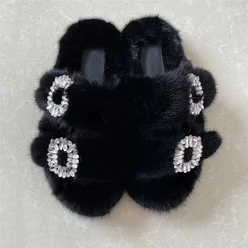 Winter Fur Slippers Women 2024 Flat Real Fur Mink Slippers Warm Soft Indoor Women Fur Slippers Luxury Designer Female Shoes