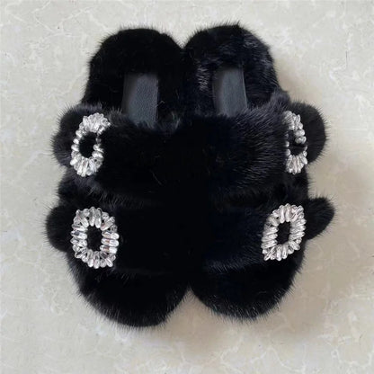 Winter Fur Slippers Women 2024 Flat Real Fur Mink Slippers Warm Soft Indoor Women Fur Slippers Luxury Designer Female Shoes