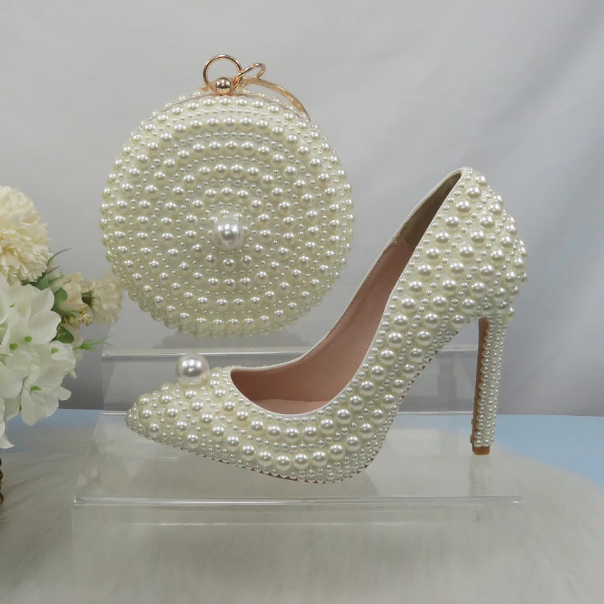 BaoYaFang White Beads Pearl Women Wedding Shoes Bride High Heels Shoes Ladies Super Big Size Party Dress Shoes Woman Pointed Toe