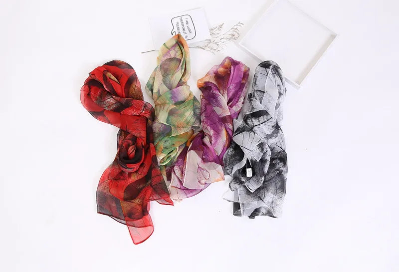 Women Foulard Chiffon Georgette Bandana Scarf Tree Leaf Print Long Shawl Summer Wrap Lady Elegant Thin breathable