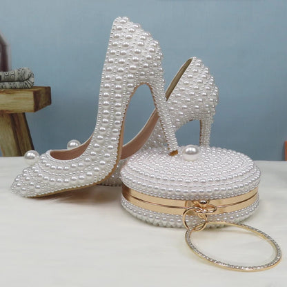 BaoYaFang White Beads Pearl Women Wedding Shoes Bride High Heels Shoes Ladies Super Big Size Party Dress Shoes Woman Pointed Toe