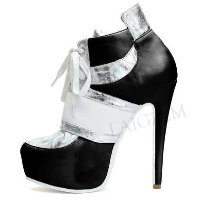 LAIGZEM SUPER Platform Booties Lace Up Comfortable Stiletto High Heel Ankle Booties Ladies Shoes Botines Mujer Large Size 39 52