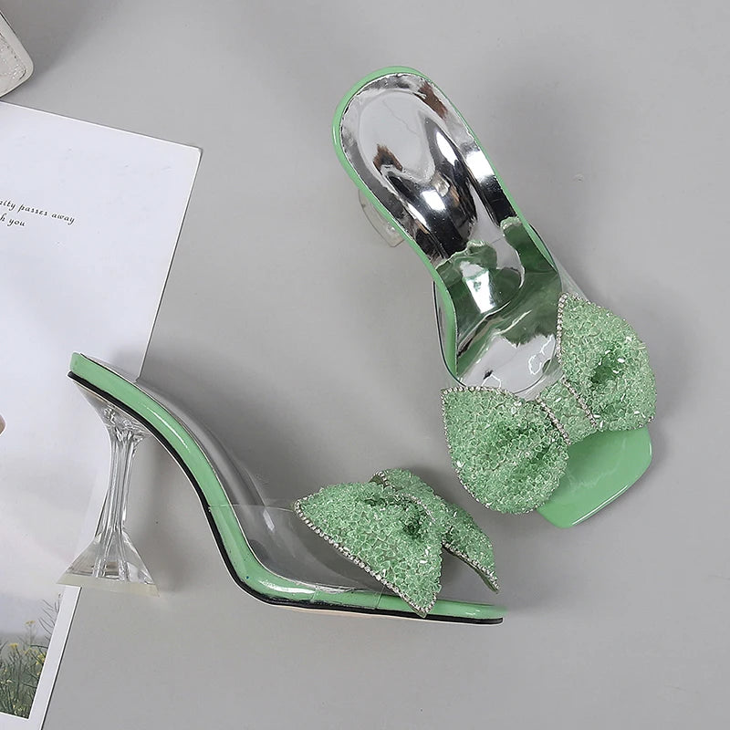 Size 34-46 Summer Party Slippers Fashion Green Rhinestone Bow Heels Sandals Women Square Open Toe PVC Transparent Shoes Slides