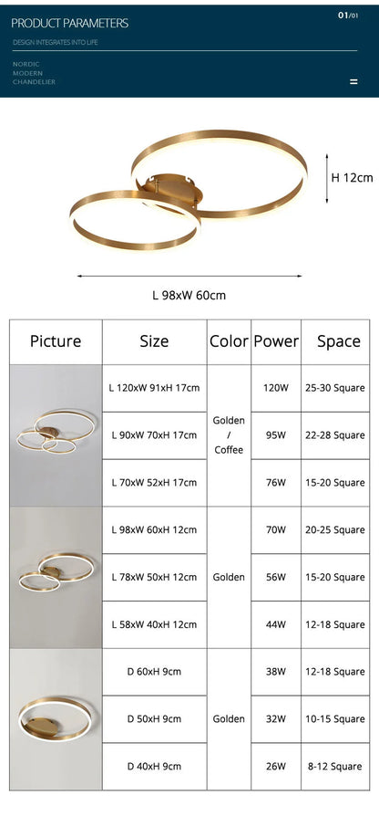 Nordic Creative Round Circle Chandeliers For Bedroom Living Room Restaurant Lighting Golden Coffee Lustre Ring Ceiling Lights