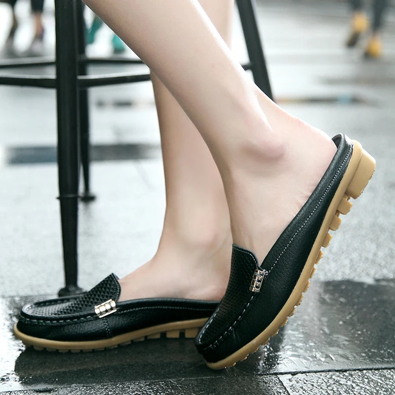 Women Casual Shoes Hollow Out Lady Half Lofers Genuine Leather Flats Moccasins Women Luxury Brand Half Slippers Zapatillas Mujer
