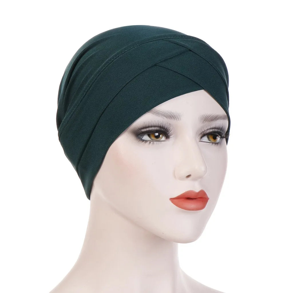 H117 Forehead criss Cross Muslim Turban Pure Color Stretch Inner Hijabs For Caps Ready To Wear Women Head Scarf Under Bonnet