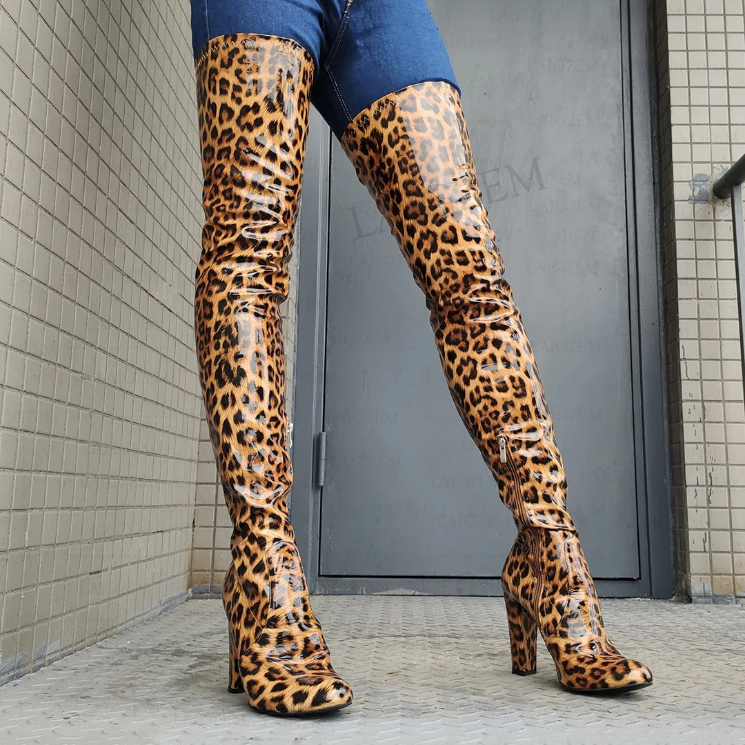 LAIGZEM Women Over High Boots Zip Up Shiny Thick Heels Boots High Bota Mujer Party Ladies Shoes Woman Big Size 40 42 44 47 52