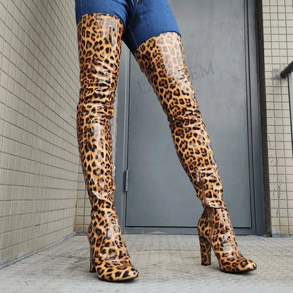 LAIGZEM Women Over High Boots Zip Up Shiny Thick Heels Boots High Bota Mujer Party Ladies Shoes Woman Big Size 40 42 44 47 52