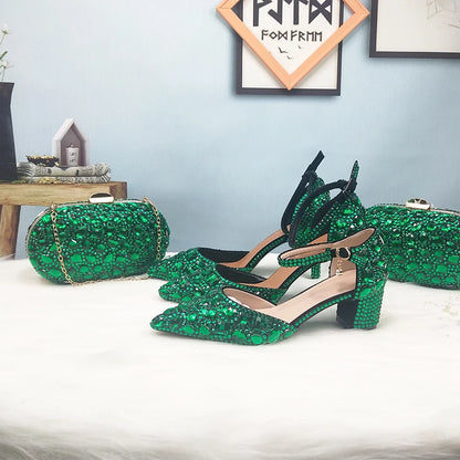 BaoYaFang 2022 NEW ARRIVE Green Crystal Wedding Shoes Woman Thin Heel Pointed Toe Bridal Party Dress Shoe Big Size High Pumps
