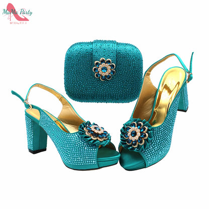 Buckle Strap Sandals Nigerian Women Shoes and Bag Set in Yellow Color with Shinning Crystal Italian Lady Shoes and Bag for Party